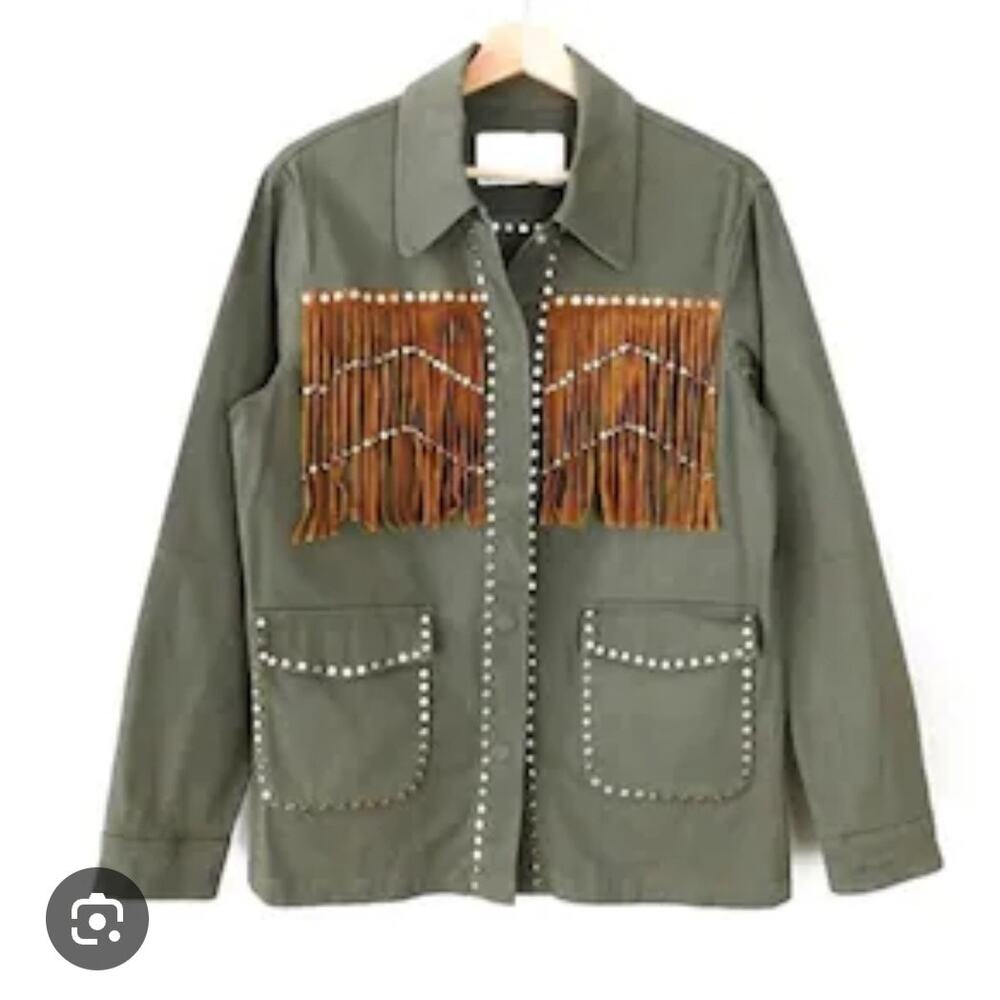 Zara green studded leather fringe jacket size large